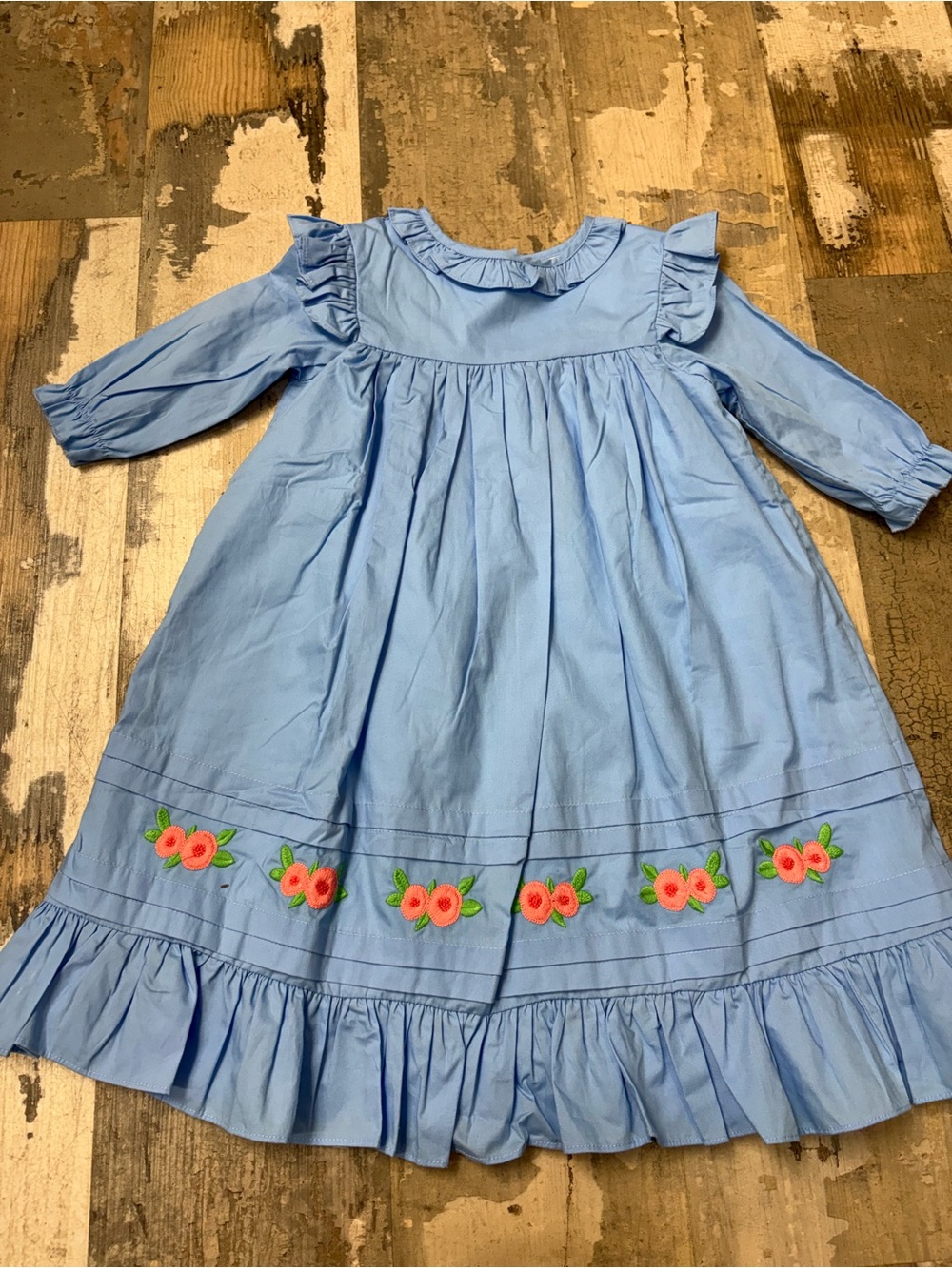 The Oaks Classic Light Blue Ruffle Hem Floral Embroidered Girls Dress